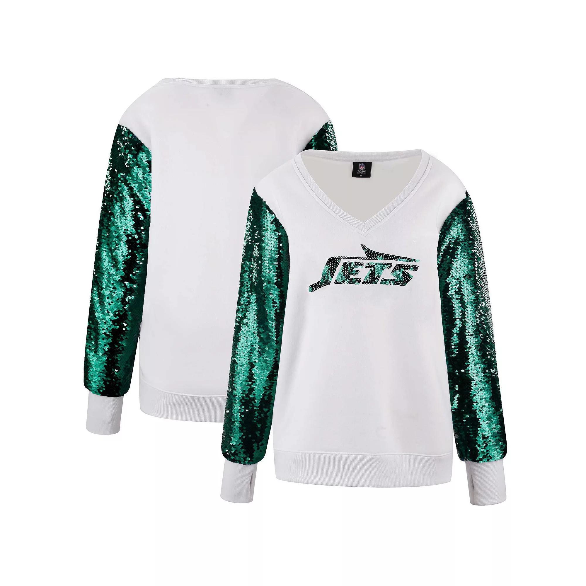 Women's Cuce White New York Jets Sequin Sleeve V-Neck Pullover Sweatshirt, Size: 2XL Product Image