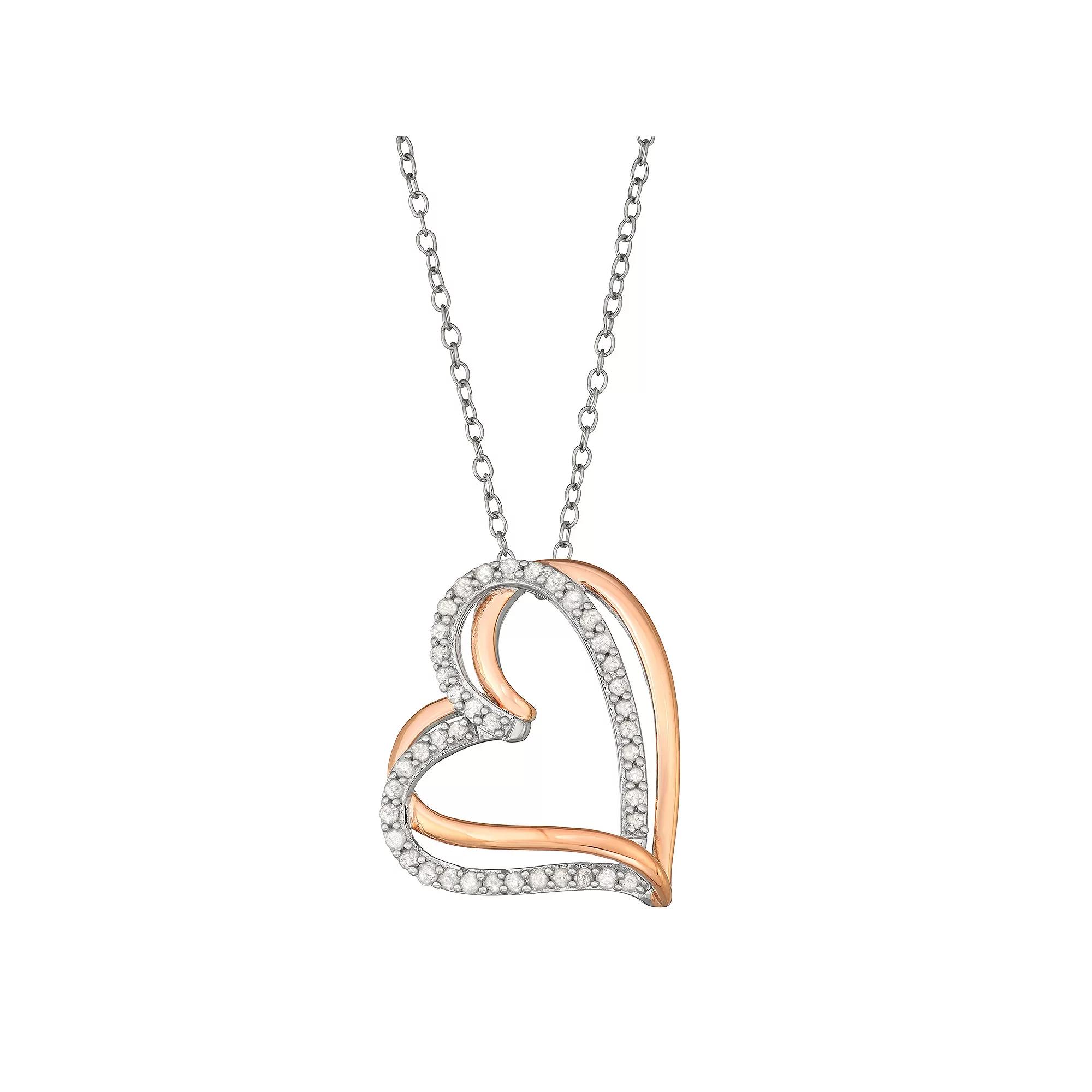 Two Tone Sterling Silver 1/4 Carat T.W. Diamond Interlocking Heart Pendant Necklace, Womens Pink Tone Product Image