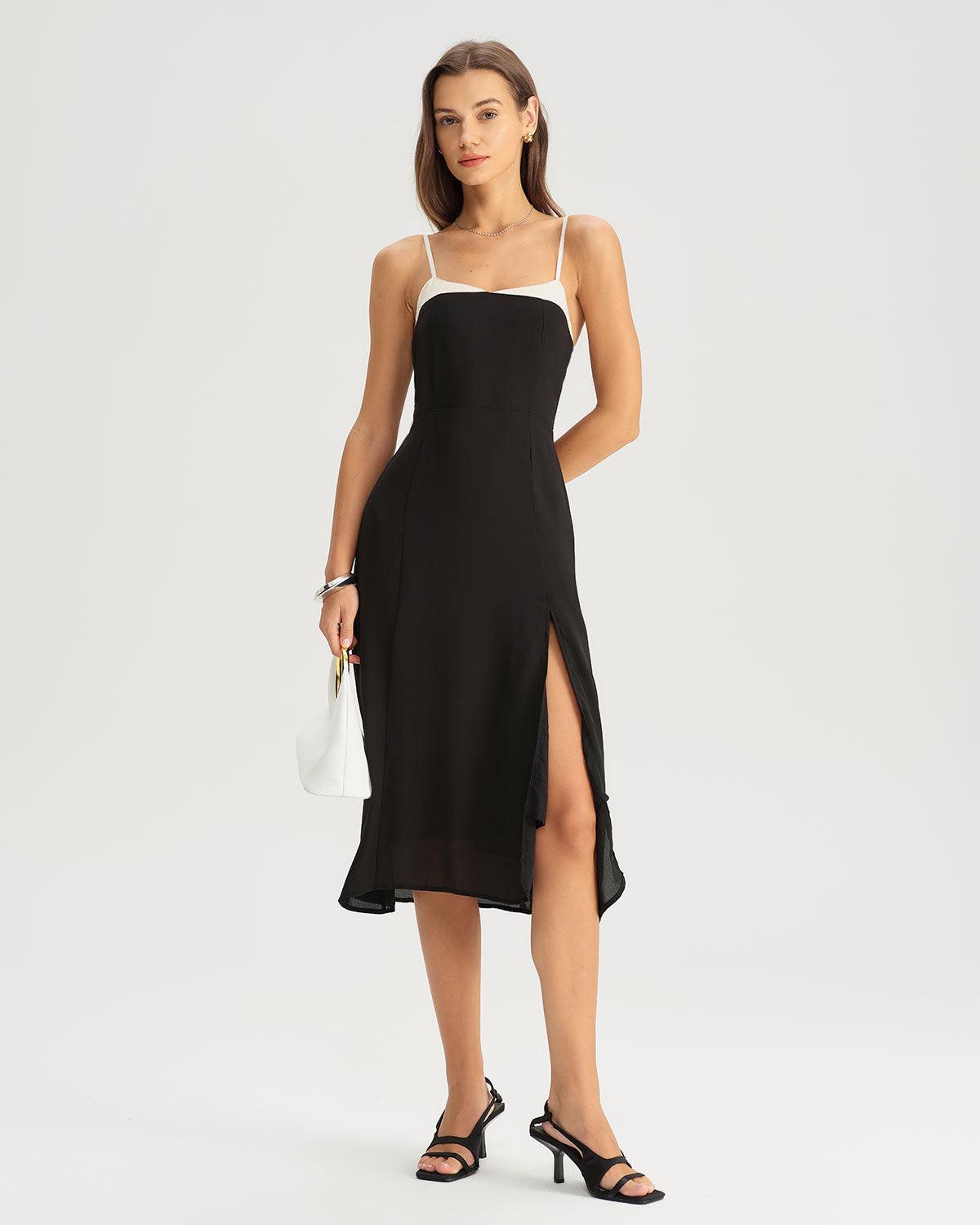 Black Contrasting A-Line Slip Midi Dress Product Image