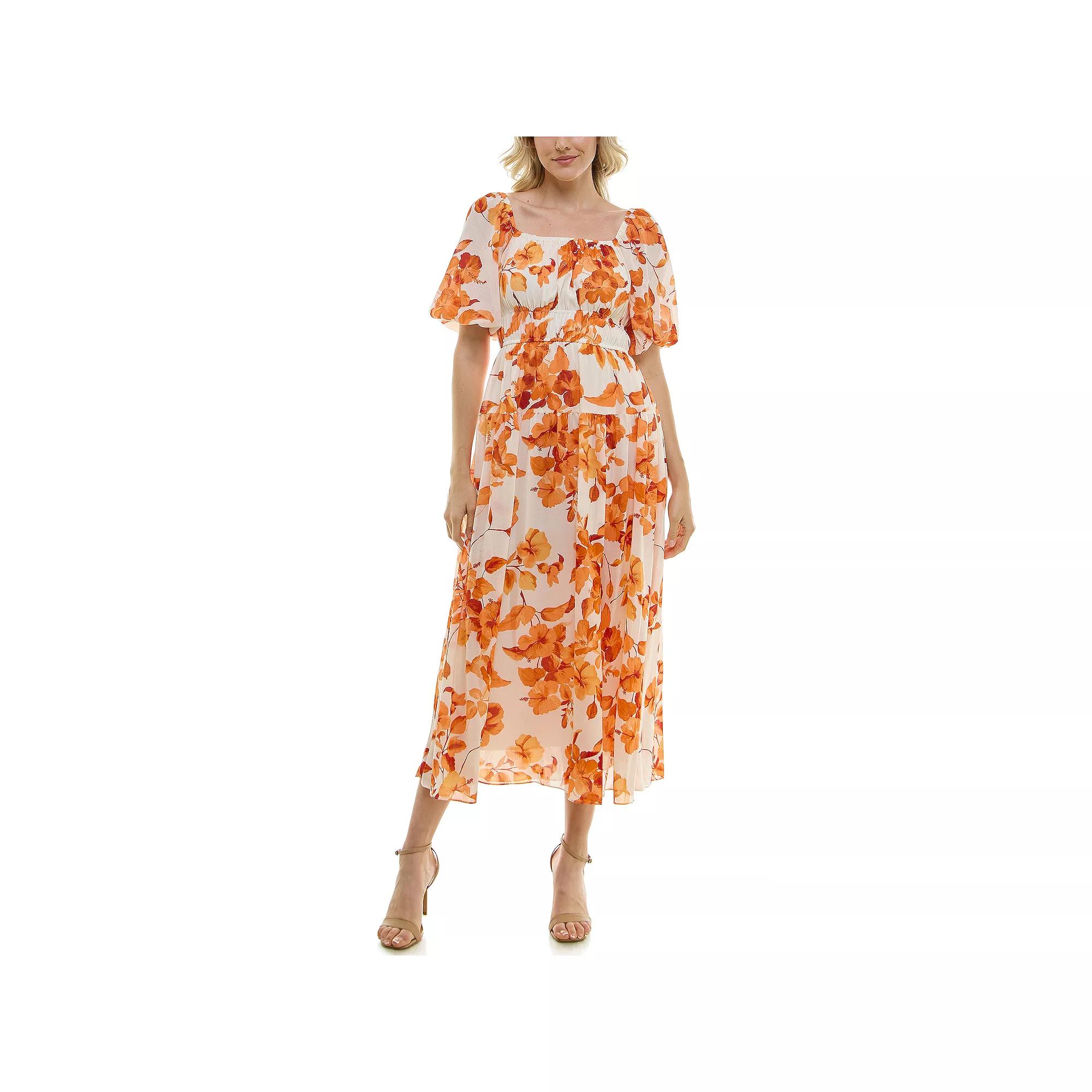 Women's Taylor Squareneck Ruffled Maxi Dress, Size: 2, Cream Vivid Orange Product Image