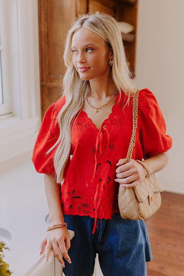 Vineyard Villa Embroidered Front Tie Top in Red Product Image