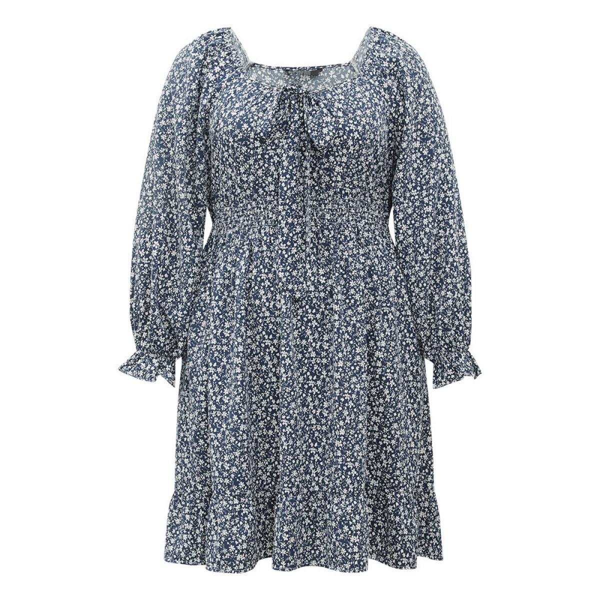 Plus Size Ditsy Floral Flutter Trim Shirred Knot Neck Dress Stone Women Elegant Cross straps Tie Neck Long Sleeve Curvy Knee Dress BloomChic 10/M Product Image