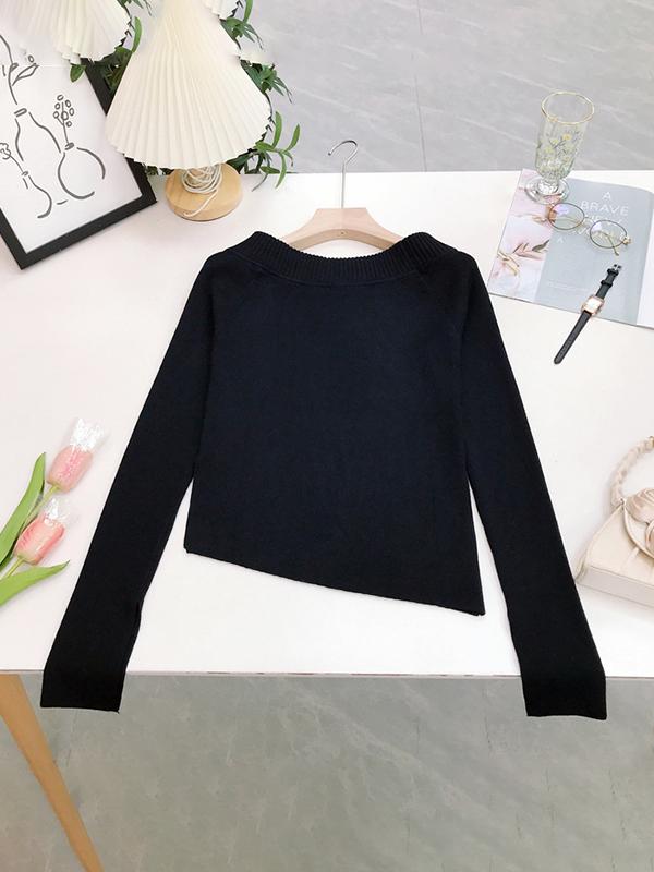 Solid Off Shoulder Slit Long Sleeve Knit Product Image
