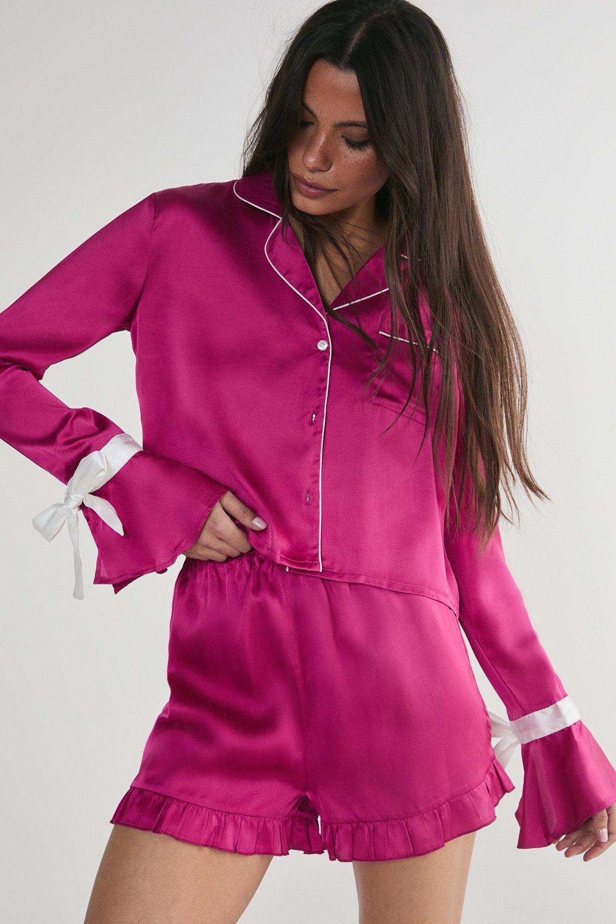 Satin Contrast Piping Tie Sleeve Ruffle Pajama Shorts Set Product Image