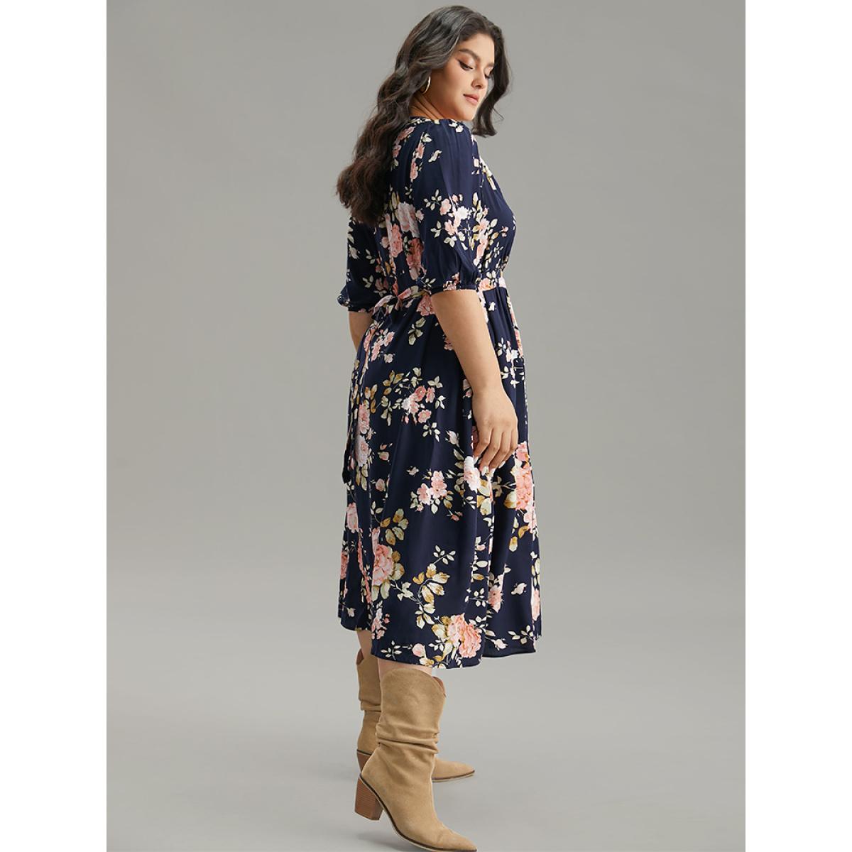 Plus Size Floral Print Pleated Ties Wrap Lantern Sleeve Dress DarkBlue Women Vacation Elastic cuffs Overlap Collar Half Sleeve Curvy Midi Dress BloomChic 14-16/1X Product Image