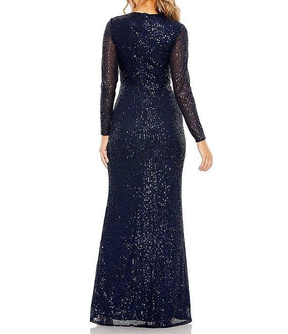 Mac Duggal Sequined Long Sleeve Side Knot Gown Product Image
