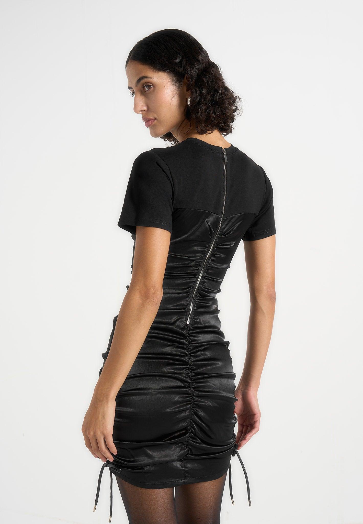 Ruched Satin T-Shirt Dress - Black Female Product Image