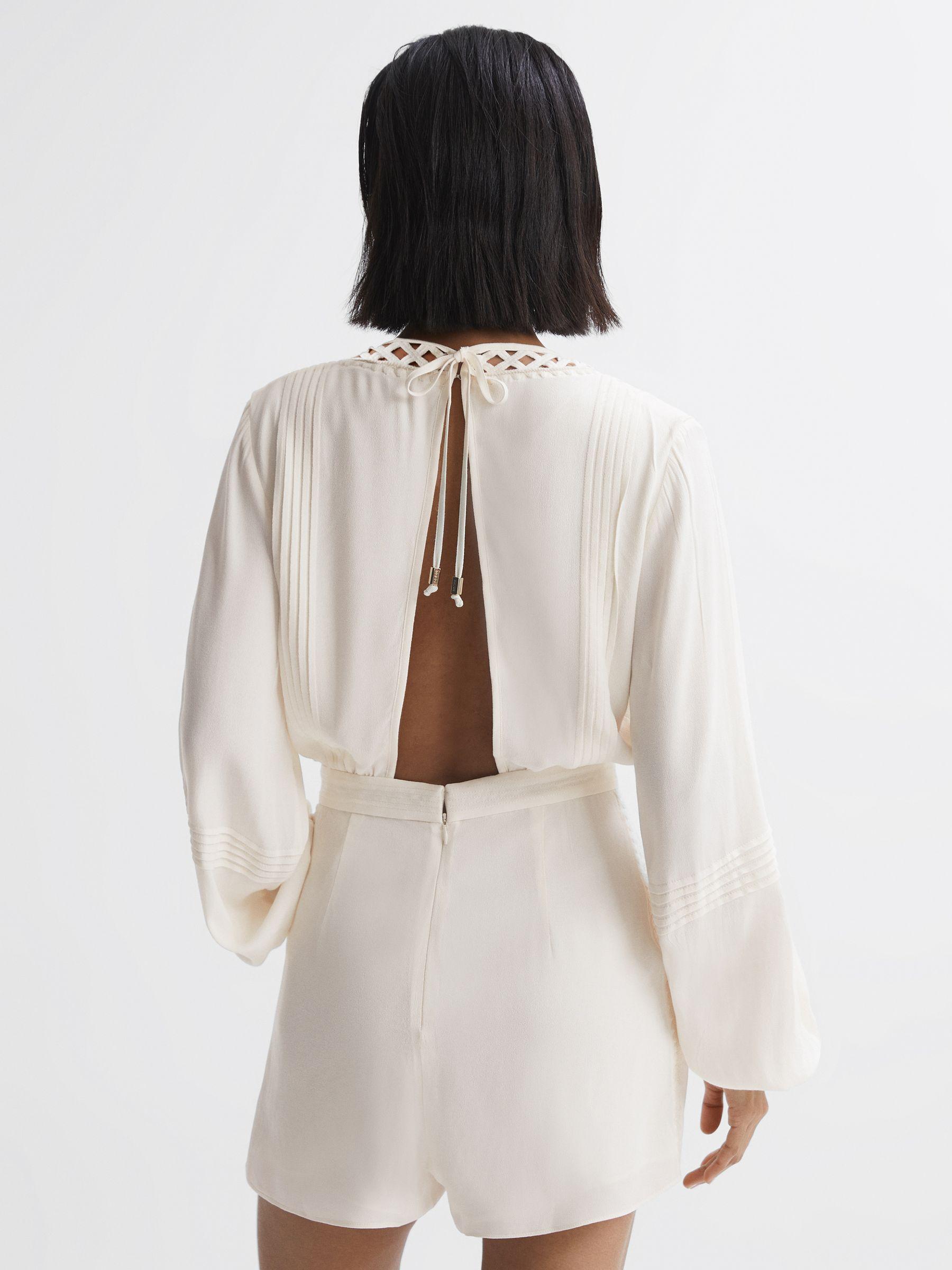 Long Sleeve Lattice Playsuit in Cream Product Image