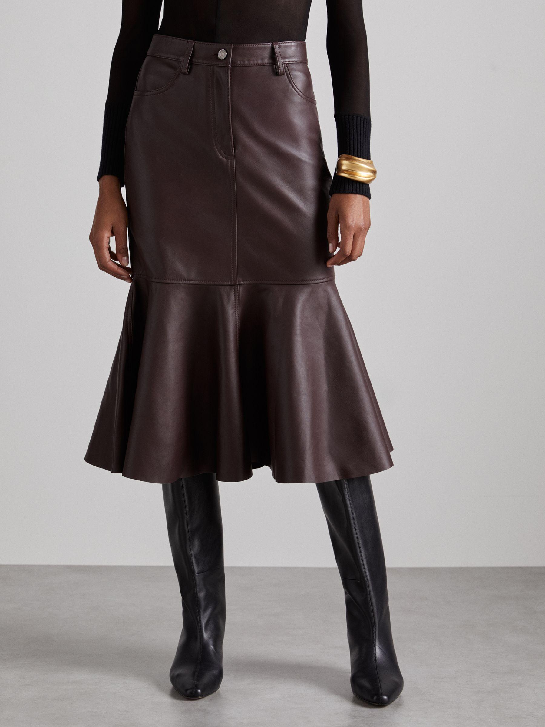 Atelier Leather Fluted Midi Skirt in Burgundy Product Image