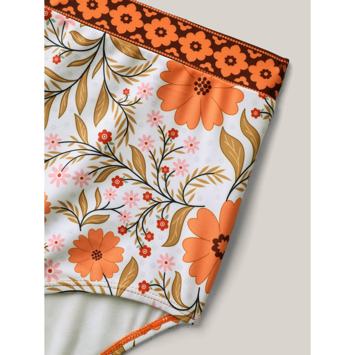 Plus Size Floral Print Color Contrast Swim Dress Women's Swimwear Originalwhite Beach Bodycon Overlap Collar High stretch Curve Swim Dresses BloomChic 12/L Product Image