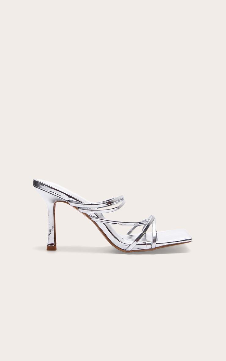 Silver PU Square Toe Multi Cross Strap Detail Mid Heeled Mules Product Image