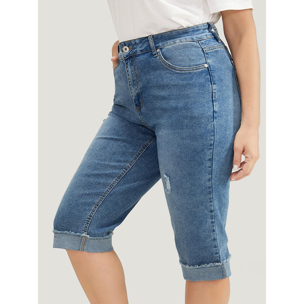 Plus Size Moderately Stretchy Roll Hem Ripped Knee Denim Shorts Women Blue Casual Plain Medium stretch Slanted pocket Jeans BloomChic 12/L Product Image