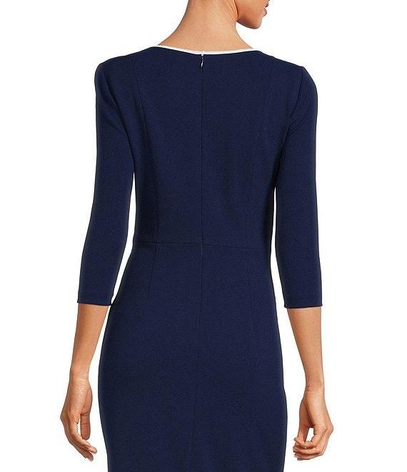 Adrianna Papell Petite Size Contrast Trim Boat Neck 3/4 Sleeve Tie Waist Crepe Dress Product Image