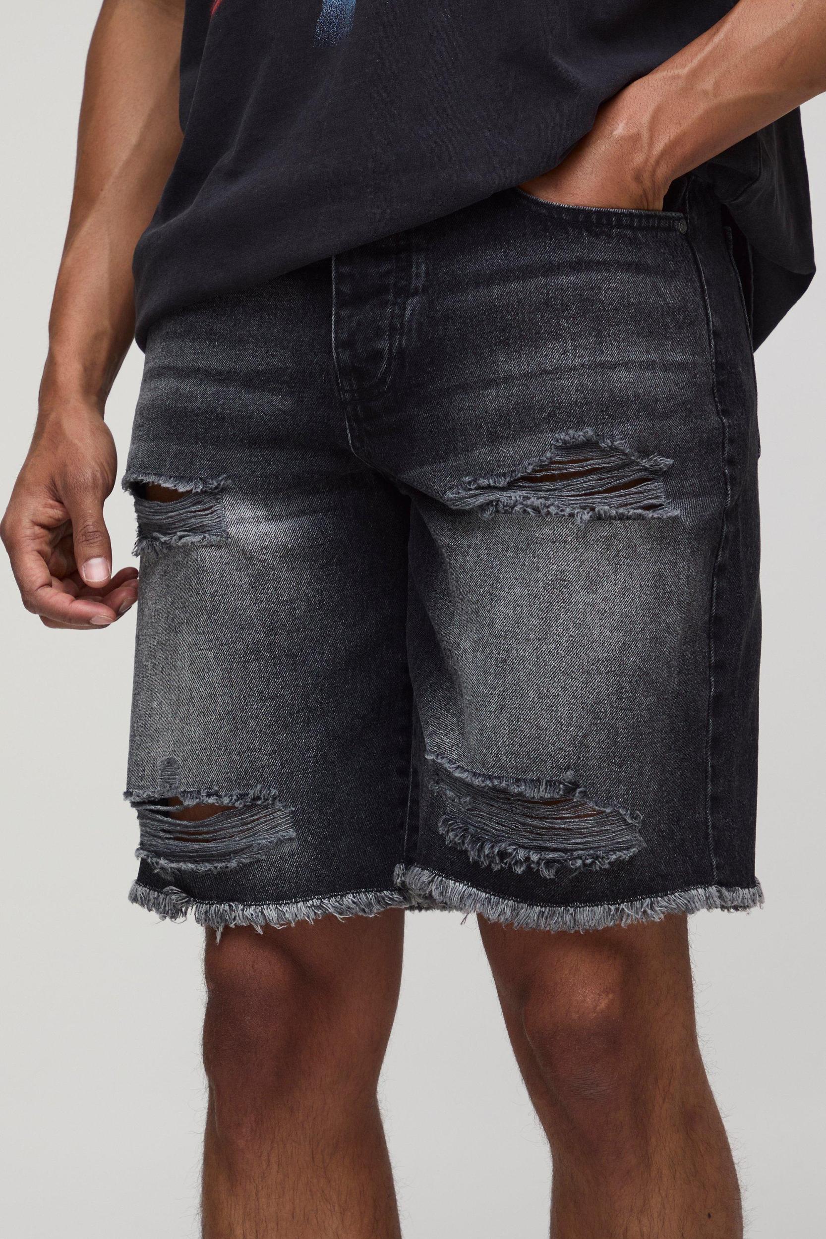 Relaxed Fit Ripped Washed Black Denim Shorts | boohooMAN USA Product Image