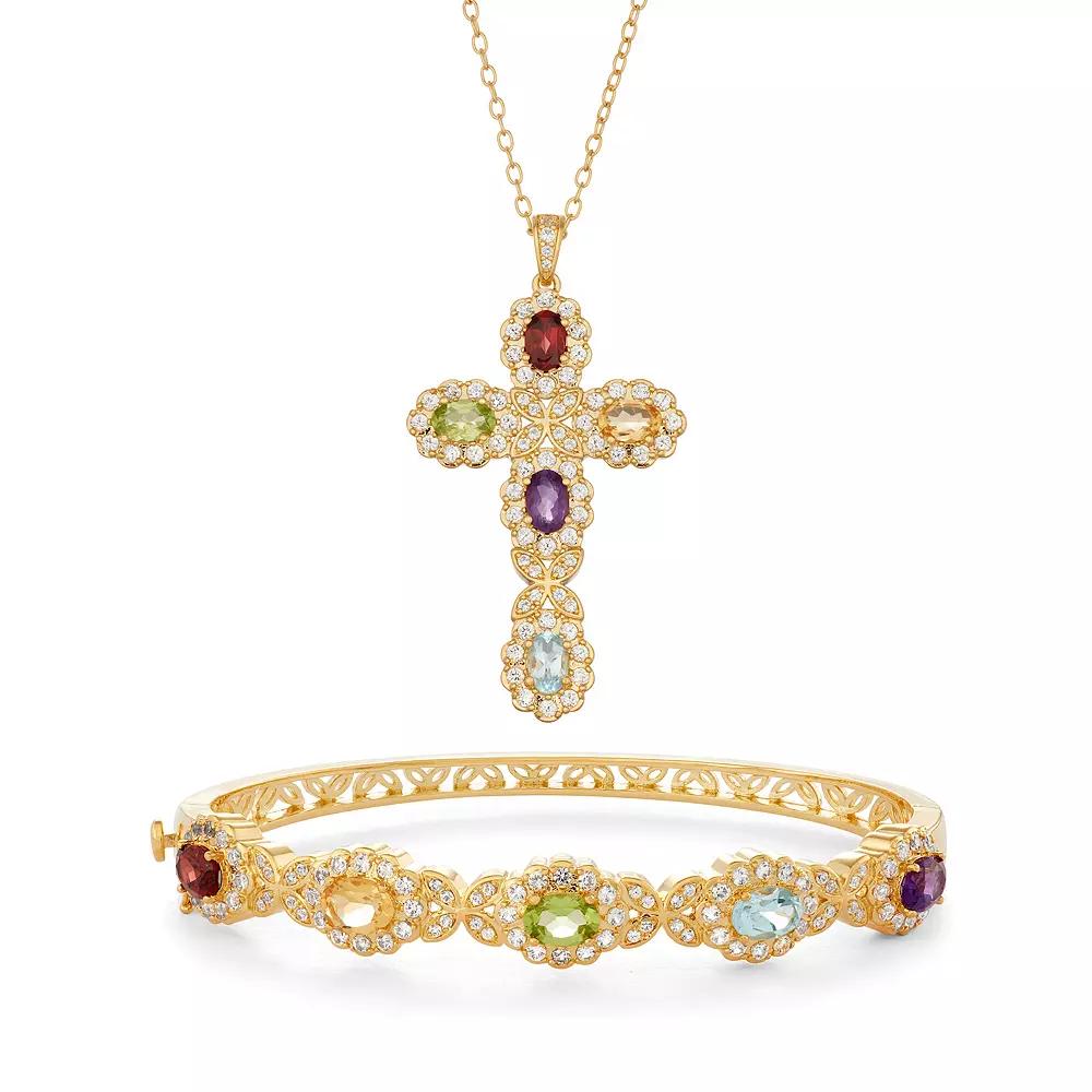 18k Gold Over Bronze Multi Gemstone Heart Pendant Necklace and Bangle Bracelet Set, Women's, Gold Tone Product Image