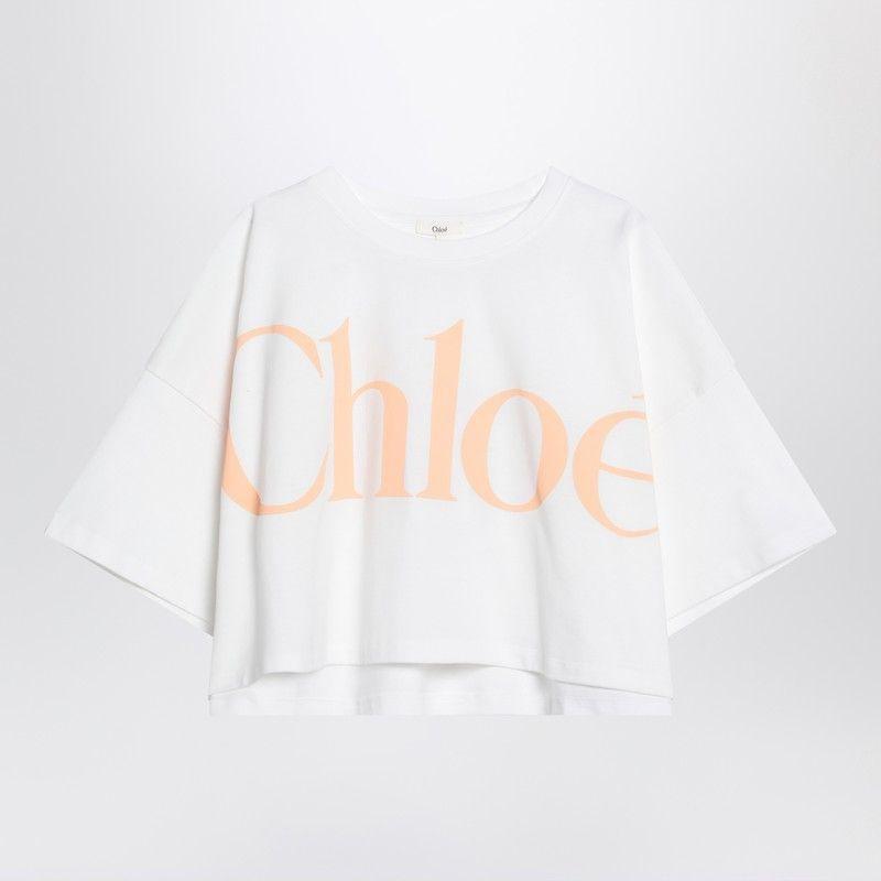 CHLOÉ White Cropped Crewneck T-shirt With Maxi Logo Print On The Front In Cotton Woman In Multicolor Product Image