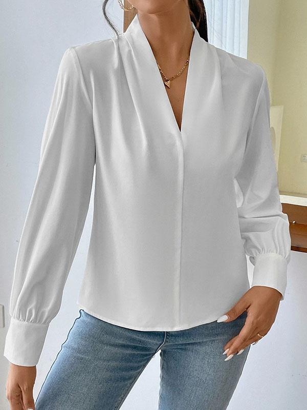 Long Sleeves Loose Pleated Solid Color Split-Joint V-Neck Blouses&Shirts Tops Product Image