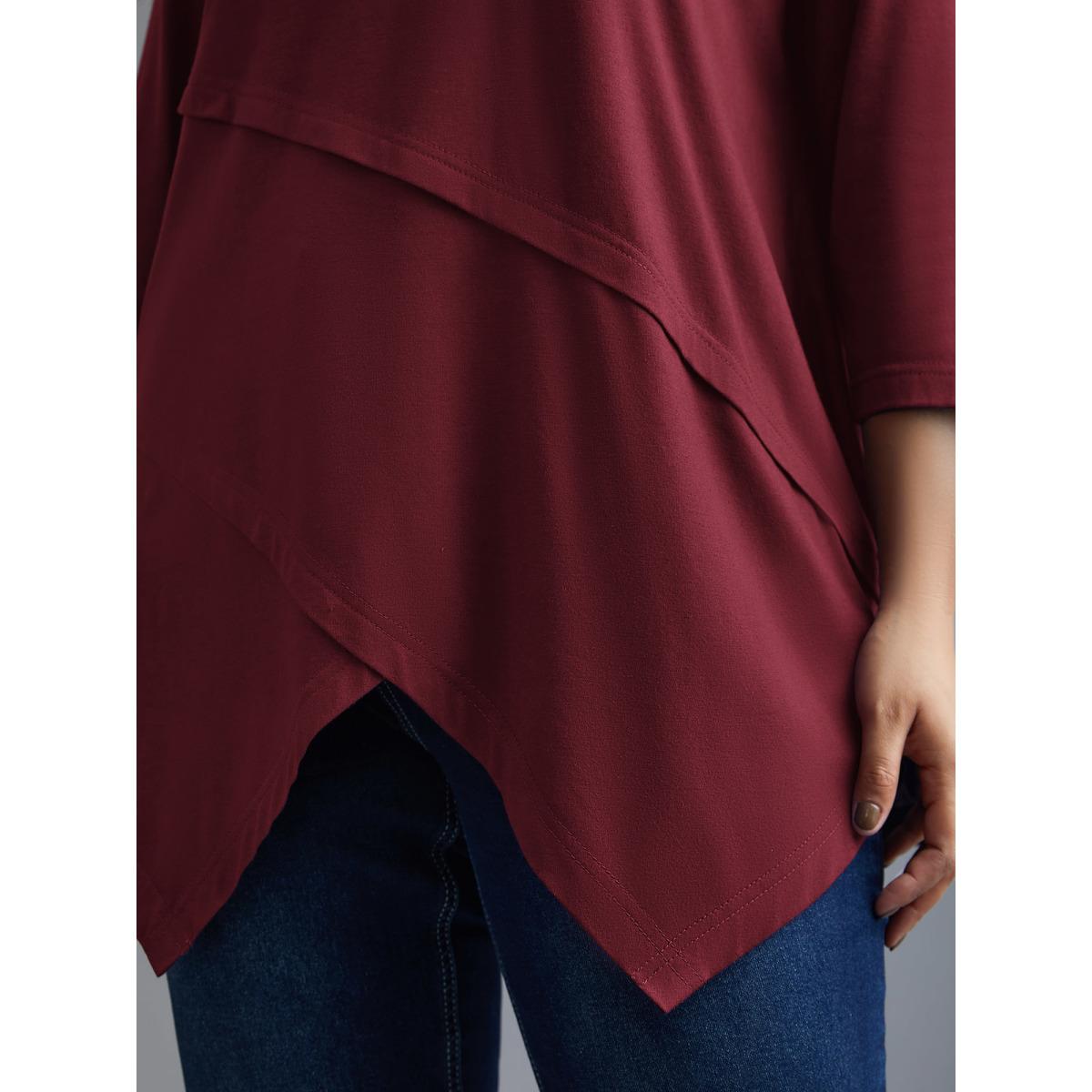 Plus Size Asymmetrical Hem Overlap Long T-shirt DarkBrown Women Leisure Tucked seam Round Neck Loose Casual T-shirts BloomChic 28/5X Product Image