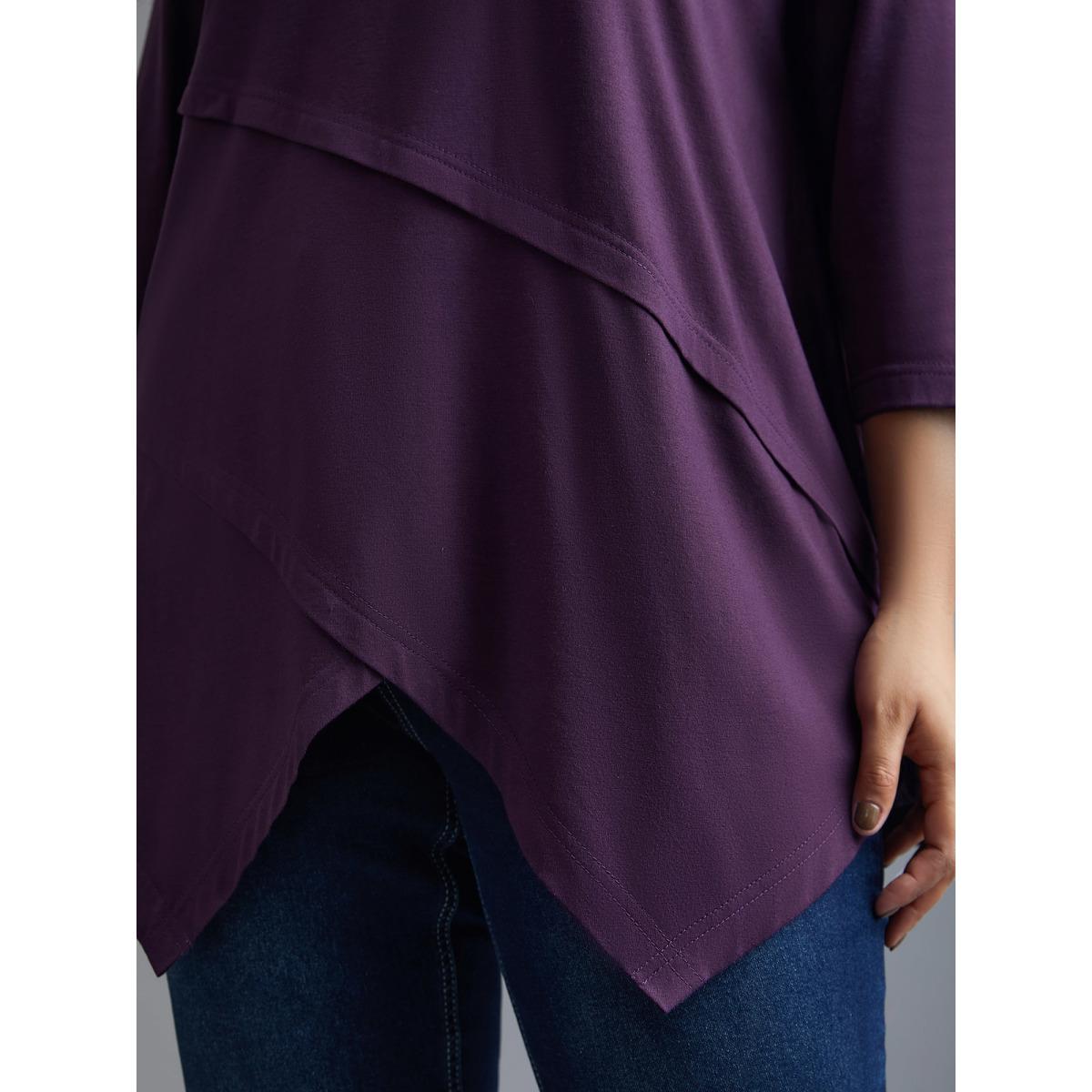 Plus Size Asymmetrical Hem Overlap Long T-shirt DarkBrown Women Leisure Tucked seam Round Neck Loose Casual T-shirts BloomChic 28/5X Product Image