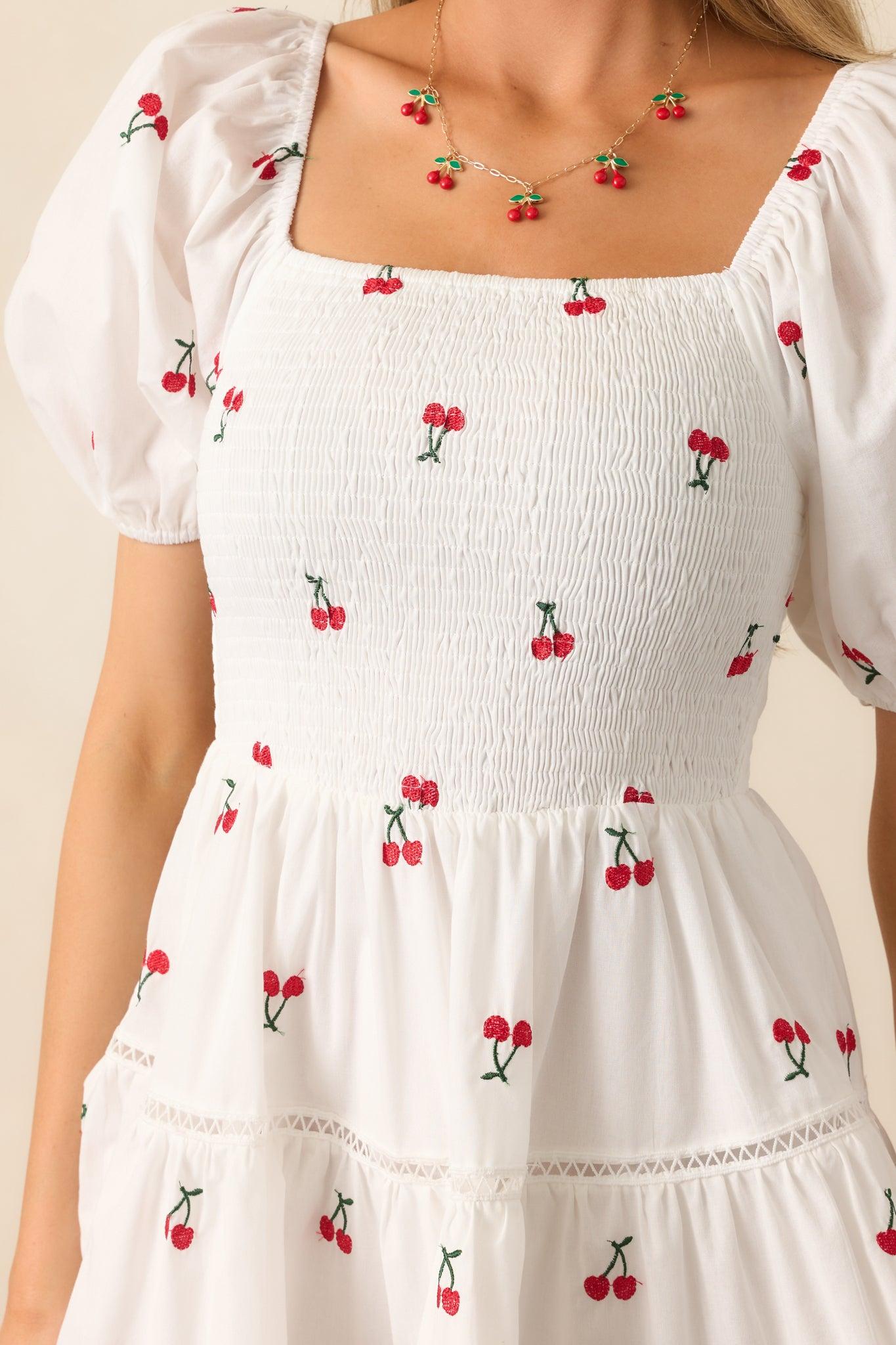 Spending Time White Cotton Cherry Embroidered Mini Dress Product Image