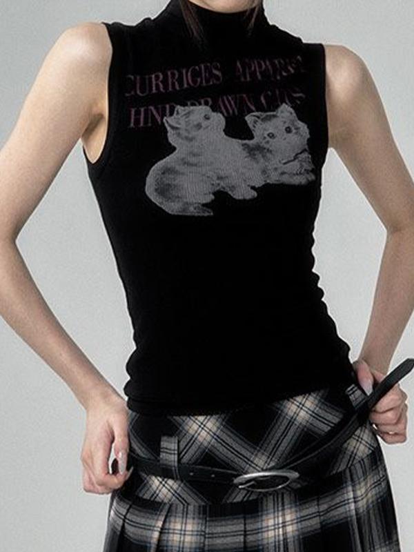 Cat Print Mock Neck Tank Top Product Image