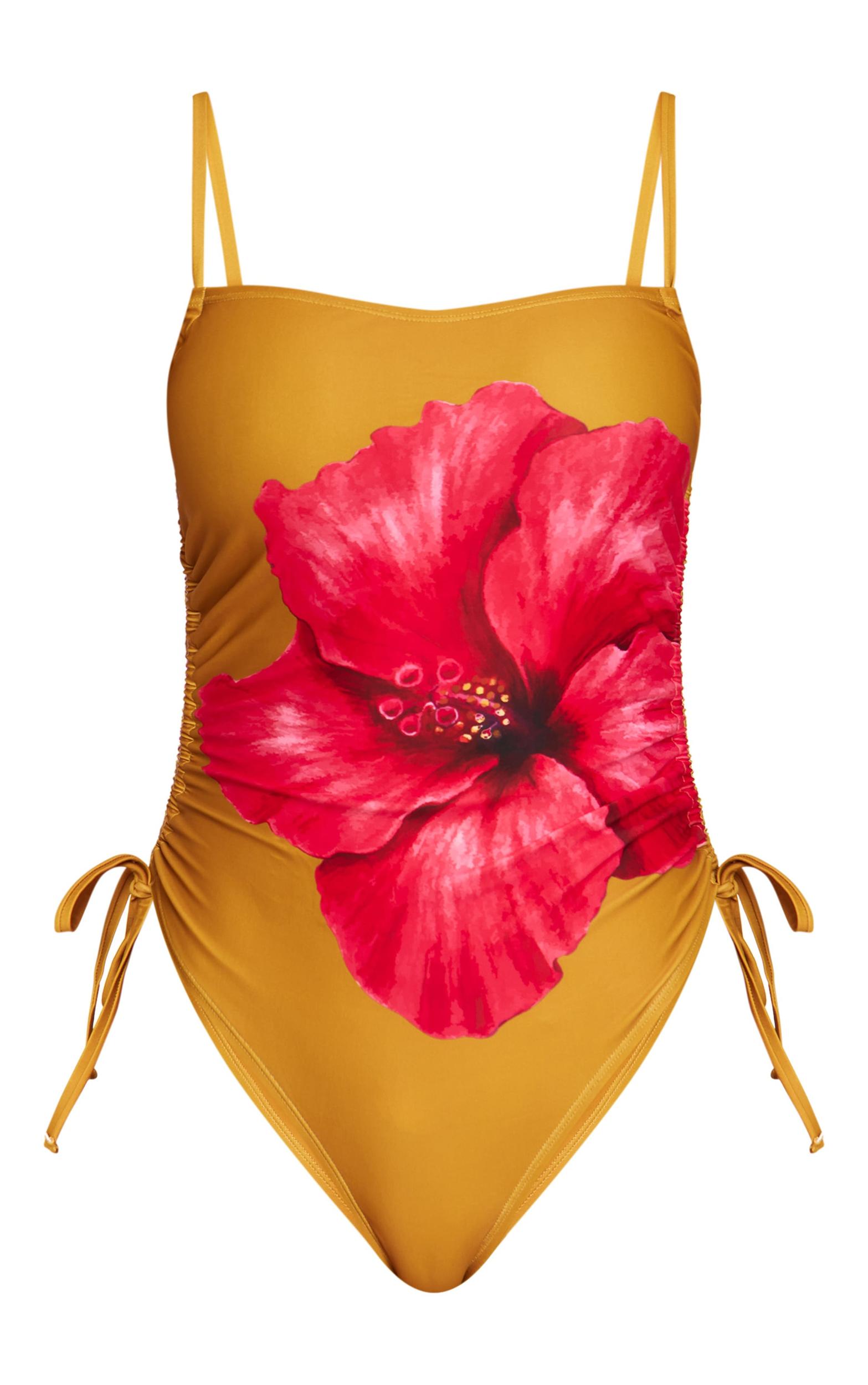 Mustard Hibiscus Print Strappy Swimsuit Product Image