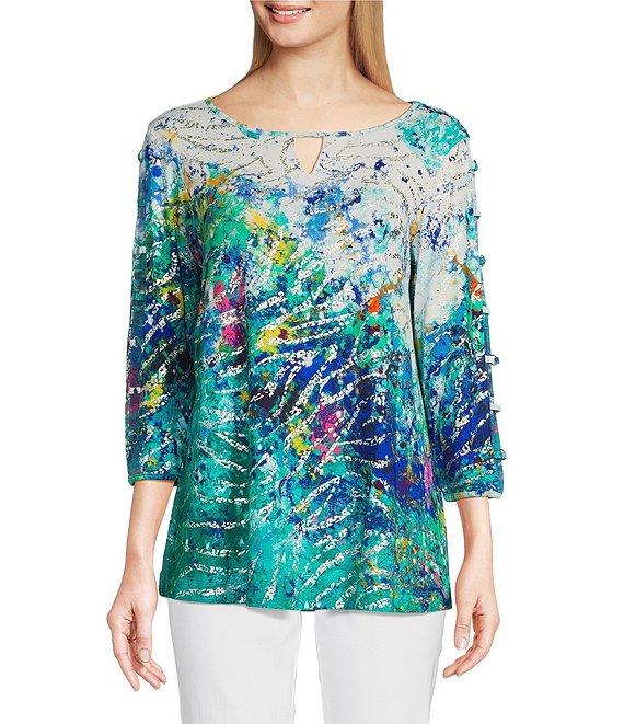 Ali Miles Foiled Burnout Split Round Neck Criss Cross Hardware 3/4 Sleeve Popover Top Product Image