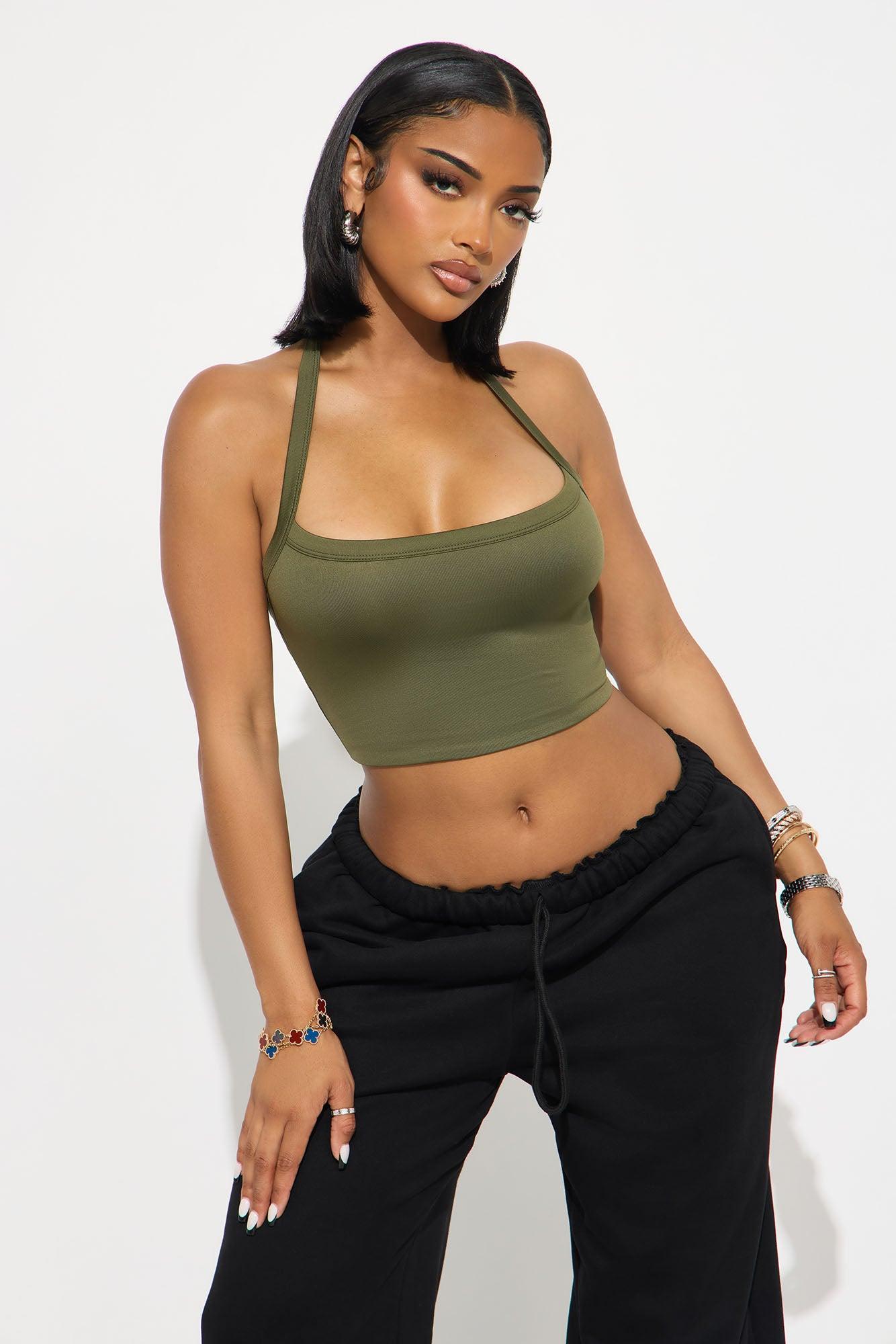 Contour Double Lined Cropped Halter Top - Military Green Female Product Image