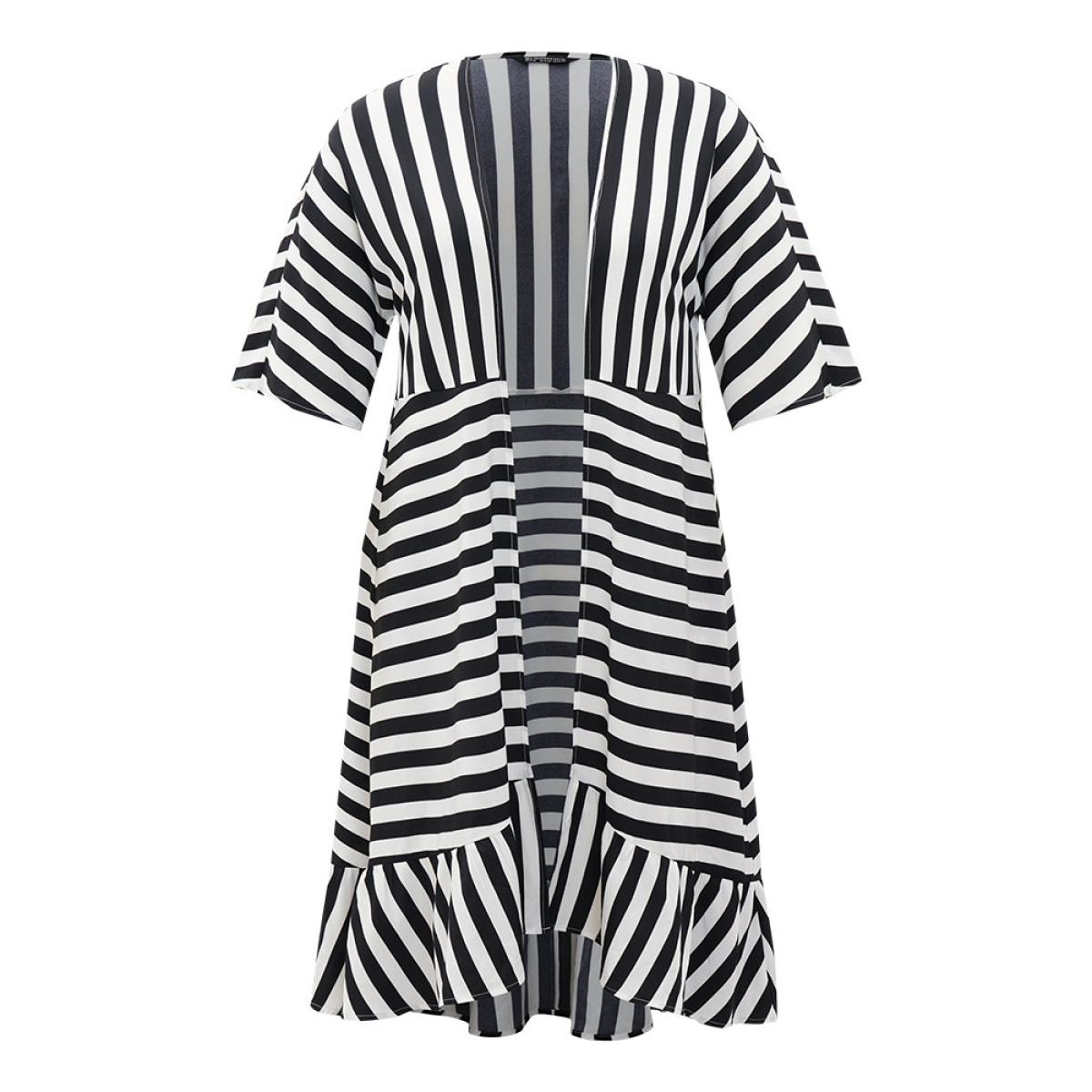 Plus Size Striped Ruffle Hem Pocket Open Front Kimono Women Black Elegant Ruffles Pocket Dailywear Kimonos BloomChic 14-16/1X Product Image