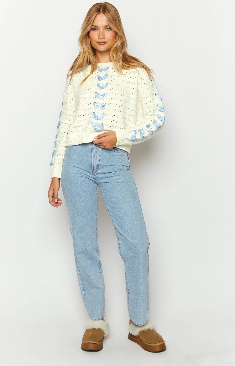 Darling White Knit Blue Ribbon Sweater Product Image