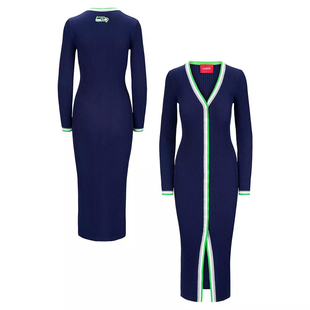 Women's STAUD College Navy Seattle Seahawks Shoko Knit Button-Up V-Neck Sweater Dress,  Product Image