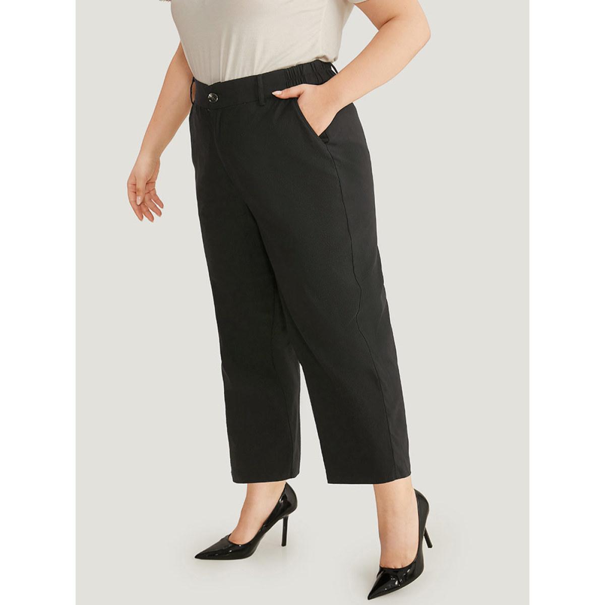 Plus Size Solid Button Up Straight Leg Pants Women Black Workwear Essentials Straight Leg High Rise Work Pants BloomChic 12/L Product Image