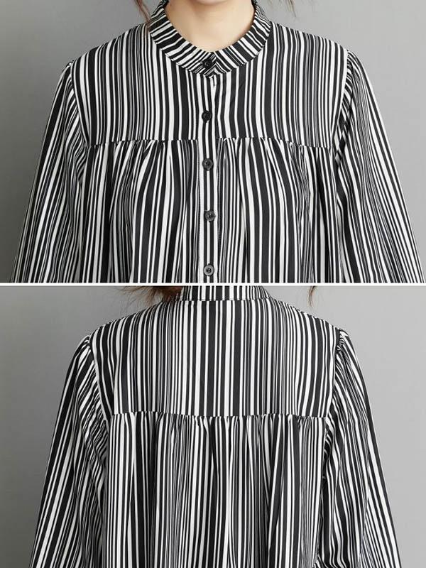 Vintage Loose Striped Buttoned Stand Collar Long Sleeves Midi Dress Product Image
