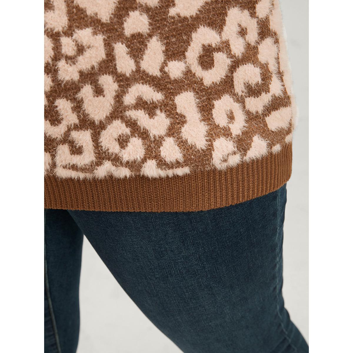 Plus Size Leopard Pointelle Knit V Neck Fluffy Knit Top Bronze Women Casual Loose Long Sleeve V-neck Dailywear Pullovers BloomChic 28/5X Product Image