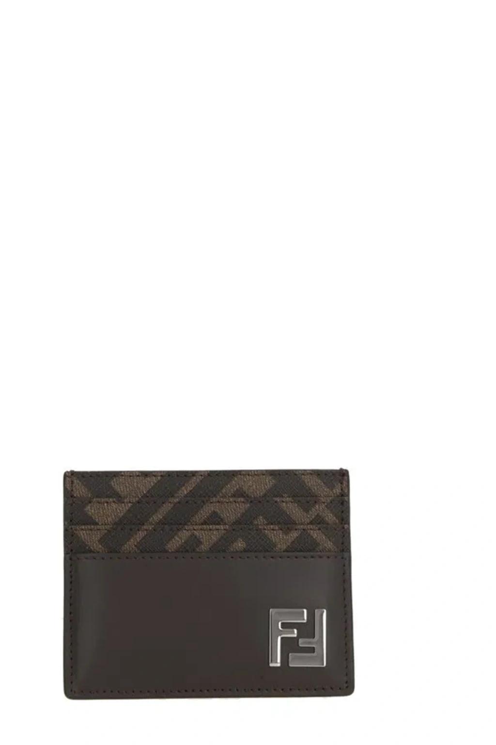 FENDI Brown Card-holder With Squared Ff Motif In Leather And Ff Canvas Man In Ebony Product Image