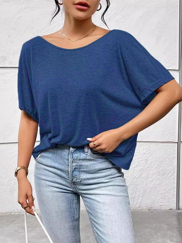 Batwing Sleeves Loose Backless Pleated Solid Color Split-Joint Round-Neck T-Shirts Tops Product Image