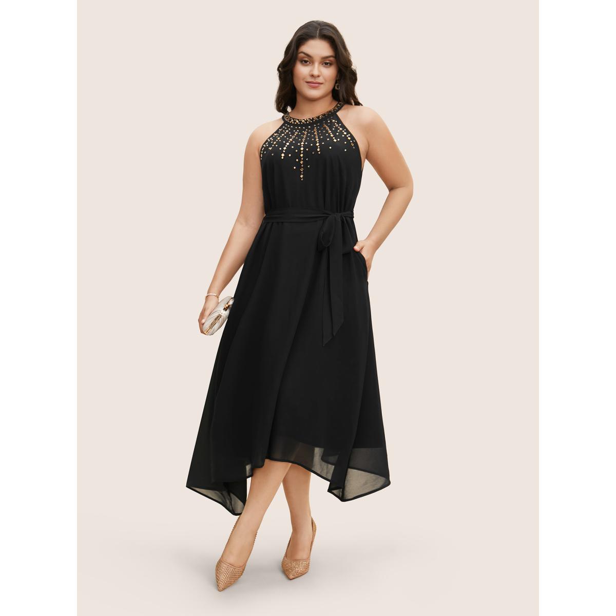 Plus Size Halter Neck Rhinestone Detail Asymmetrical Hem Dress Black Women Cocktail Rhinestone detailing Halter neck Sleeveless Curvy BloomChic 12/L Product Image