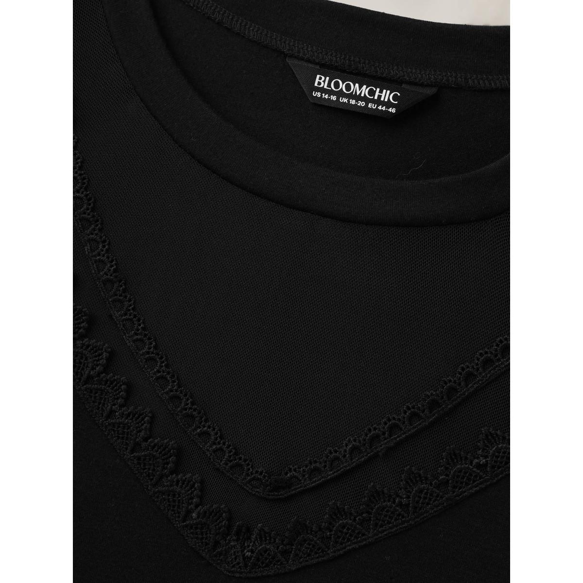 Plus Size Sheer Neck Solid Panel T-Shirt Black Women Leisure Woven ribbon&lace trim Round Neck Casual T-shirts BloomChic 28/5X Product Image