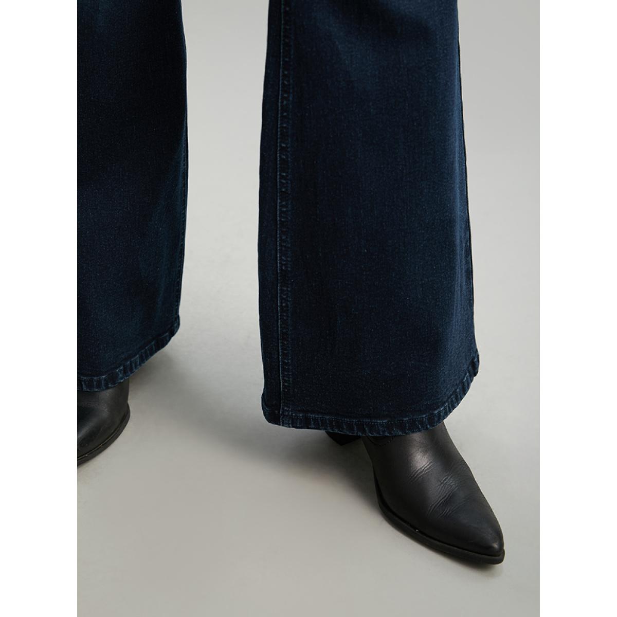 Plus Size Flare Leg Very Stretchy Pleated Patchwork Jeans Women Midnight Casual Plain Plain High stretch Pocket Jeans BloomChic 24/3X Product Image