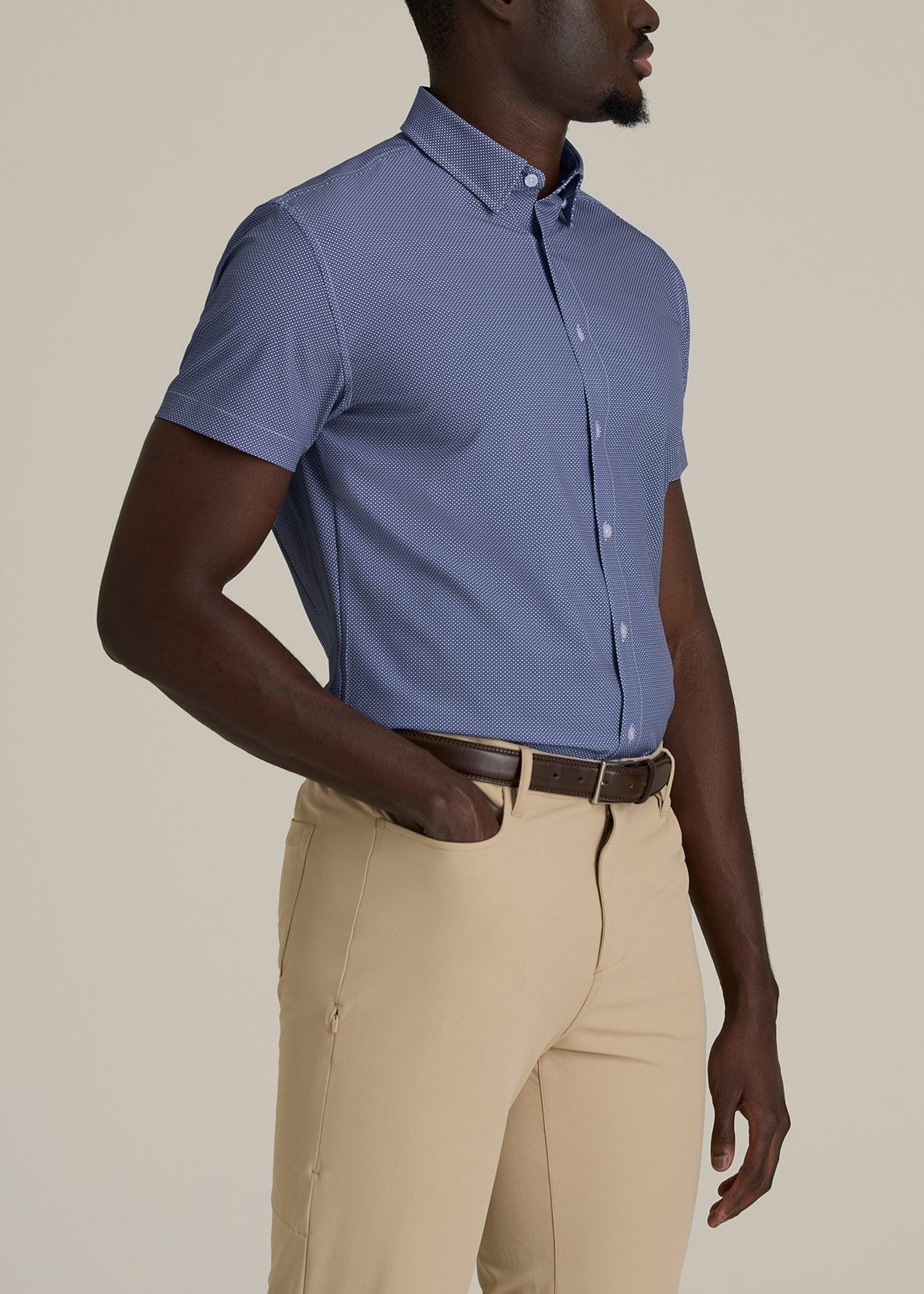 Short Sleeve Traveler Stretch Button Shirt for Tall Men in Royal Blue Geometric Male Product Image