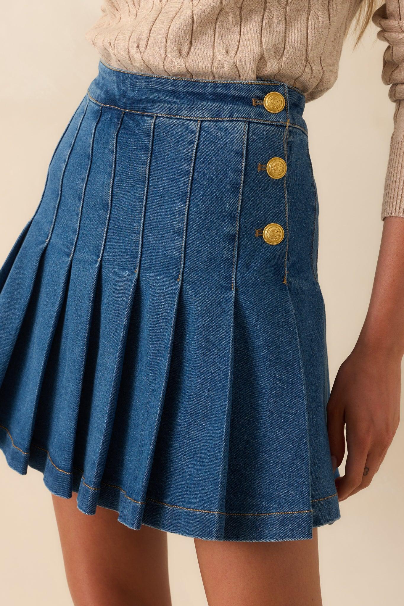 All About Confidence Dark Wash Cotton Pleated Denim Mini Skirt L / Dark Wash Product Image