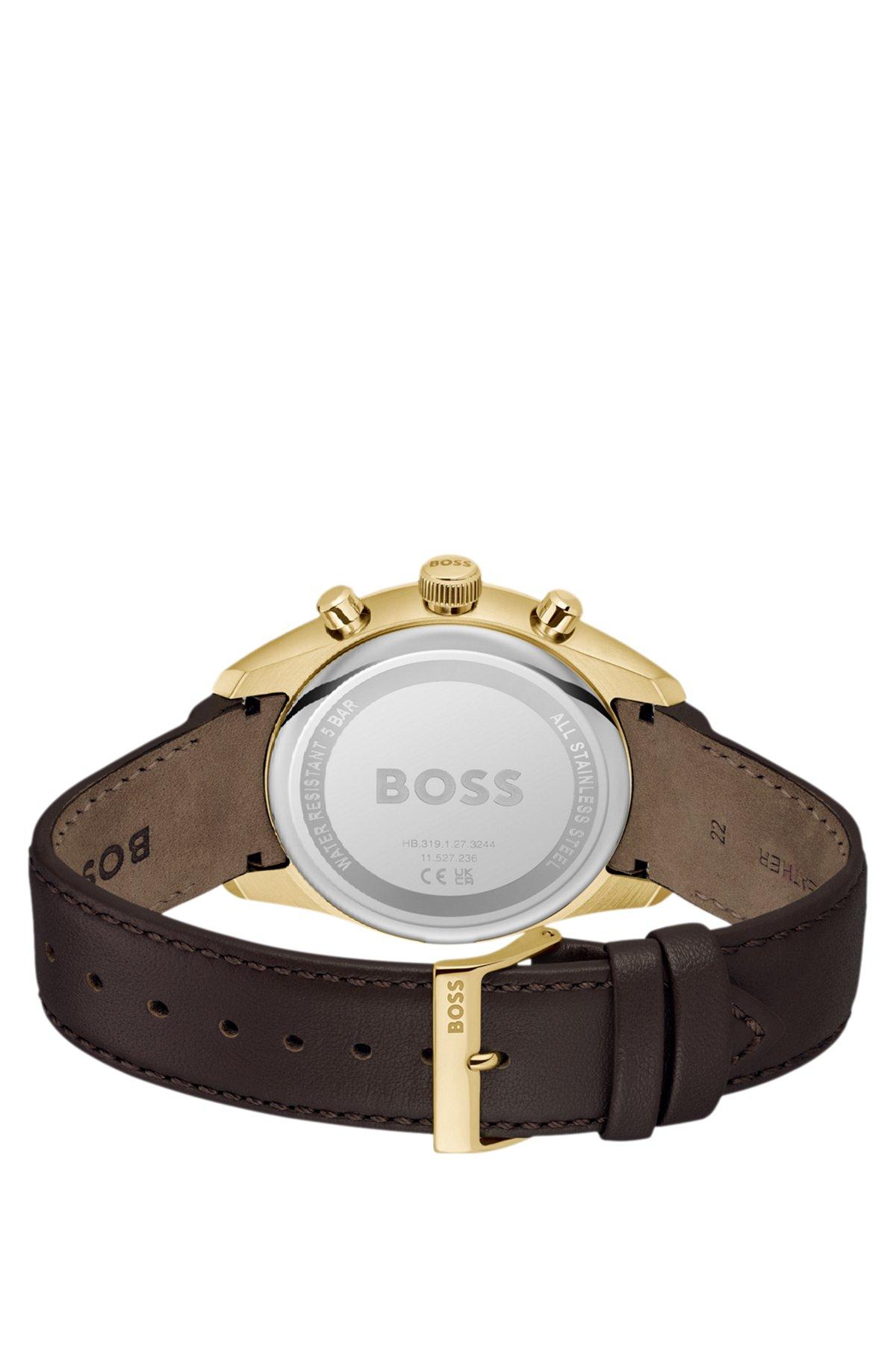 Gold-tone chronograph watch with perforated leather strap Product Image