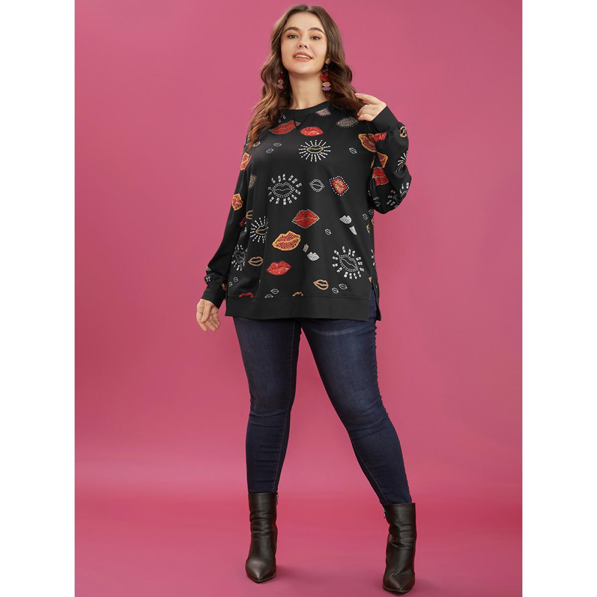 Plus Size Lip Print Split Hem Drop Shoulder Sweatshirt Women Black Casual Slit Round Neck Dailywear Sweatshirts BloomChic 28/5X Product Image