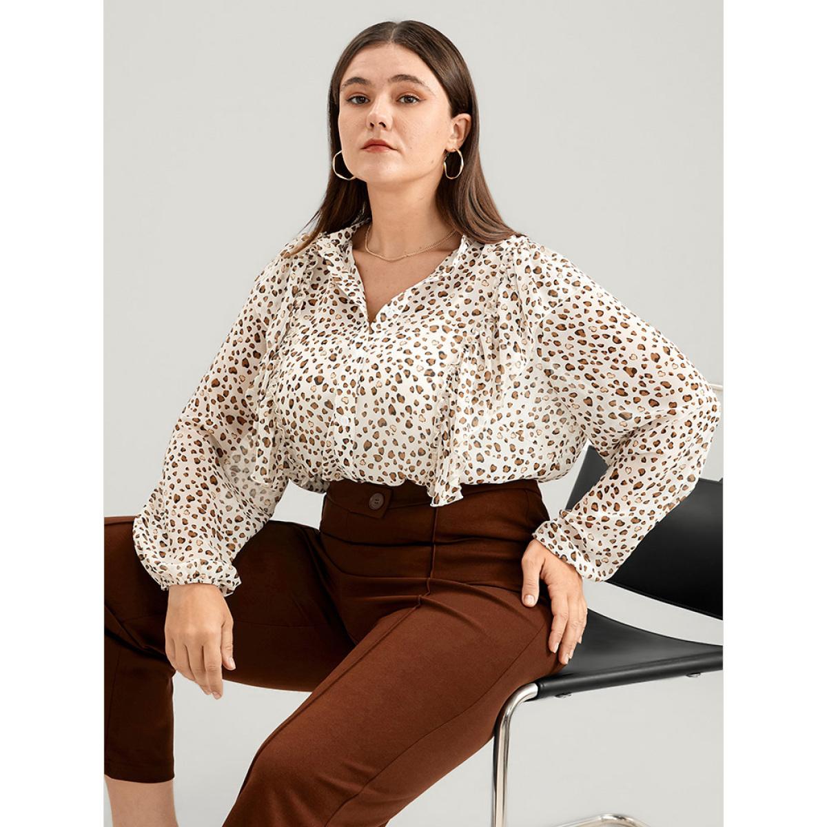 Plus Size Apricot Leopard Mesh Ruffle Trim Button Up Blouse Women Office Long Sleeve Lapel Collar Office Blouses BloomChic 12/L Product Image