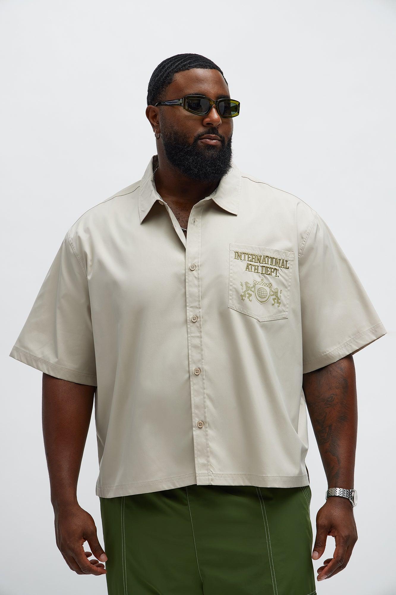 Cropped Athletic Dept. Short Sleeve Button Up Shirt - Khaki Product Image