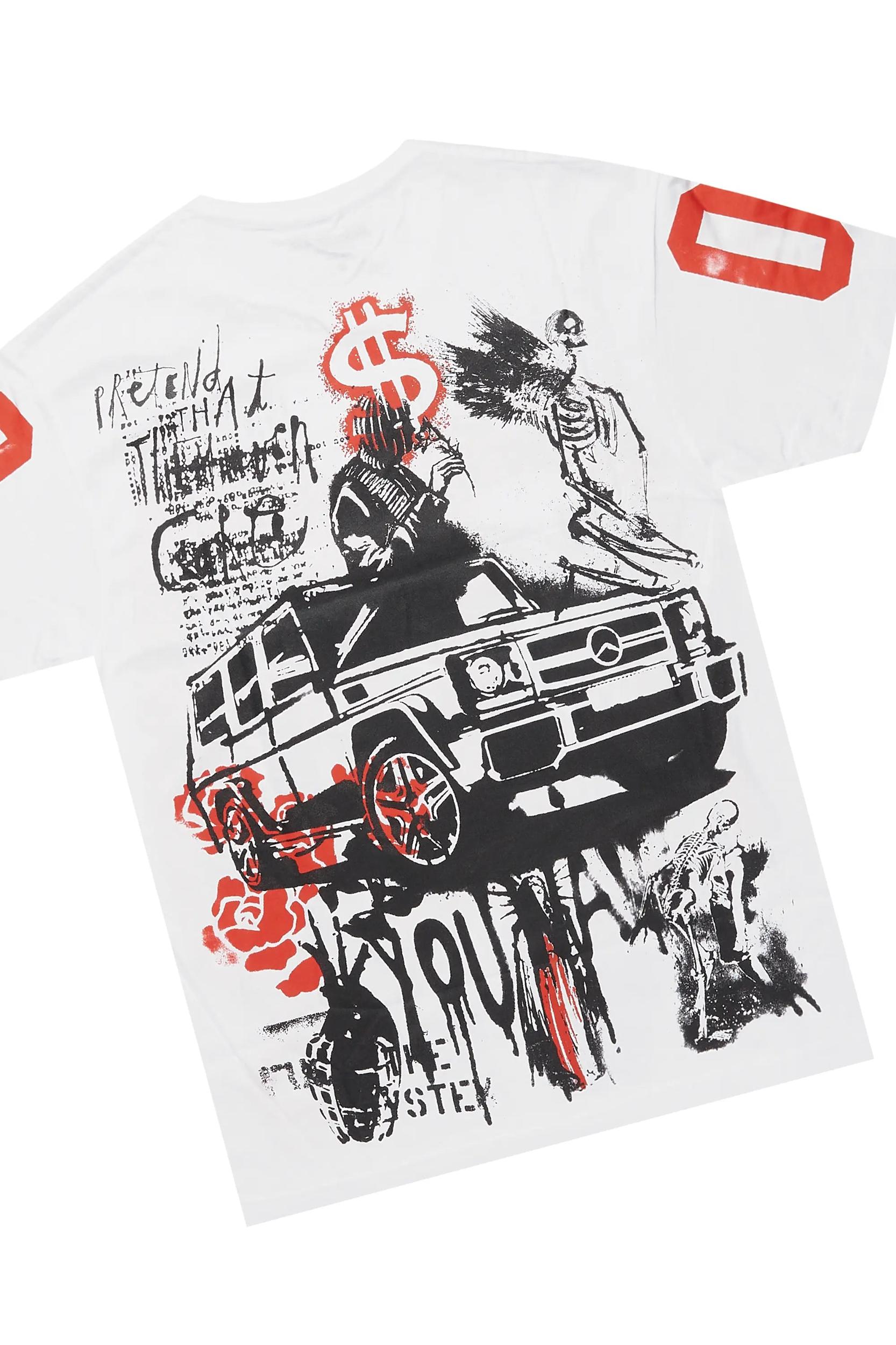 Grill White/Red Oversized Graphic T-Shirt/Dag Stacked Flare Jean Set Male Product Image