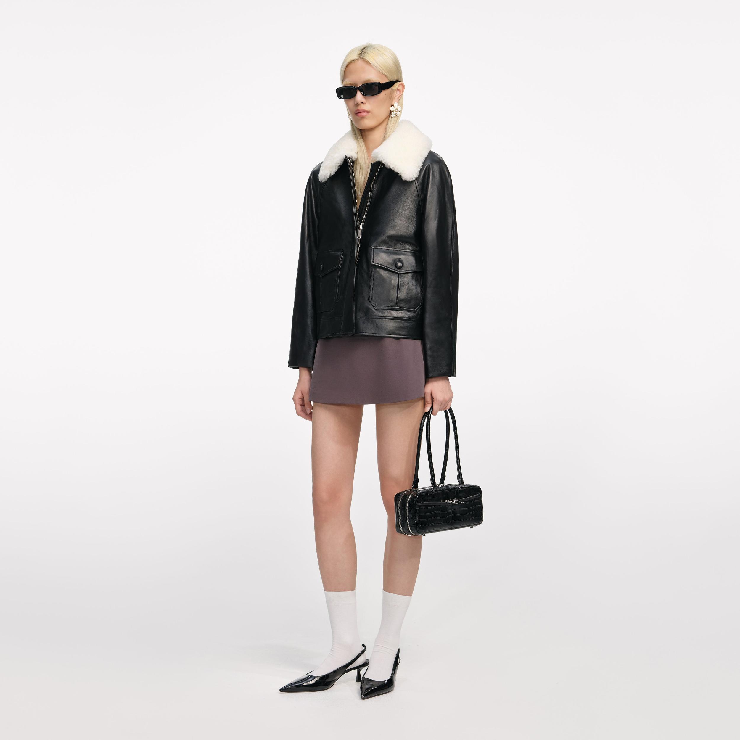 Black Leather Fur Collar Jacket Product Image