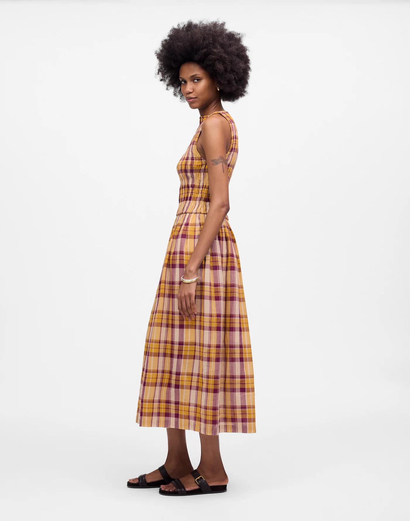 Smocked Boatneck Maxi Dress in Plaid Seersucker Product Image