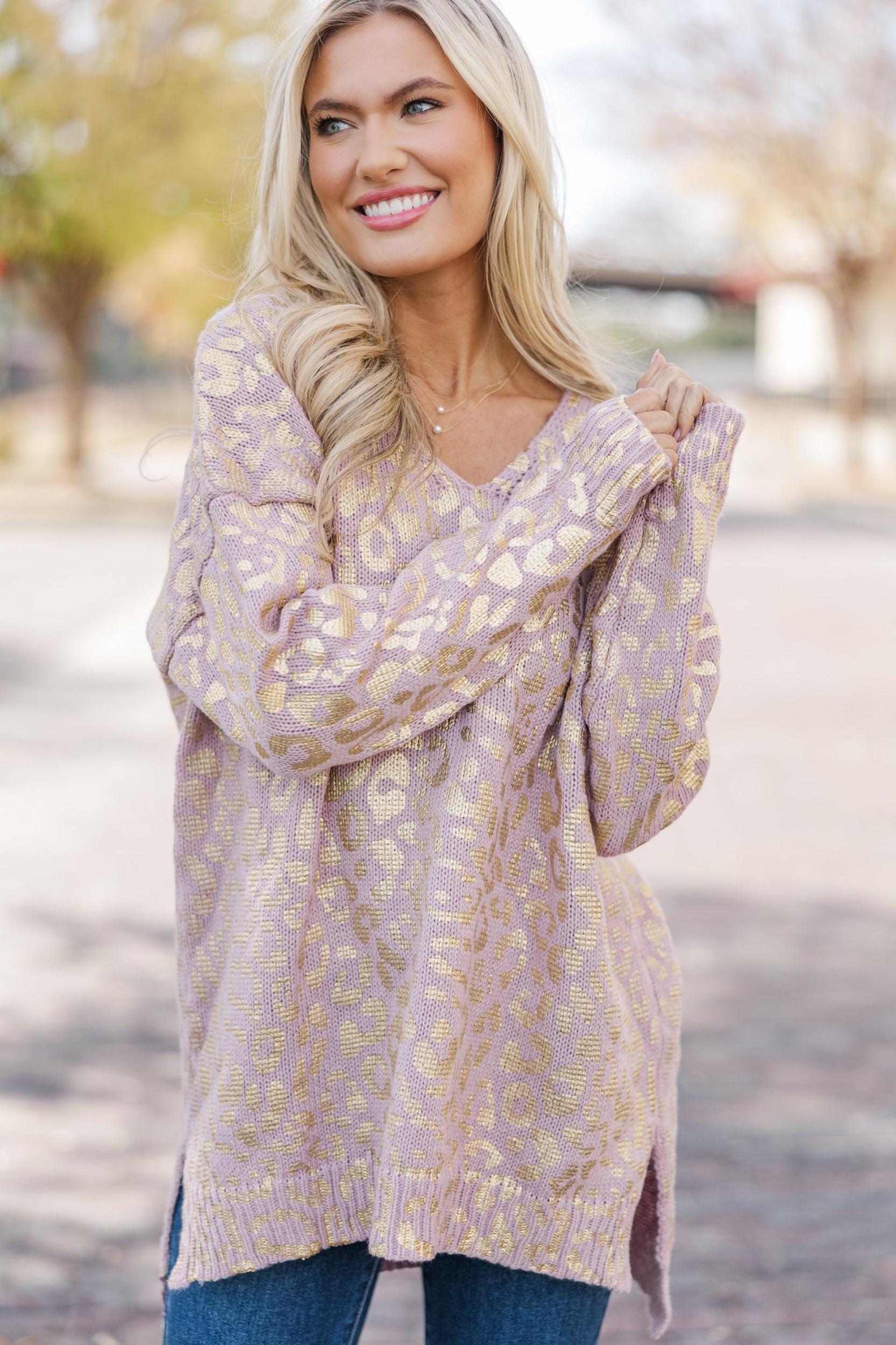 Don't Let Me Go Mauve Pink Metallic Leopard Sweater Female Product Image