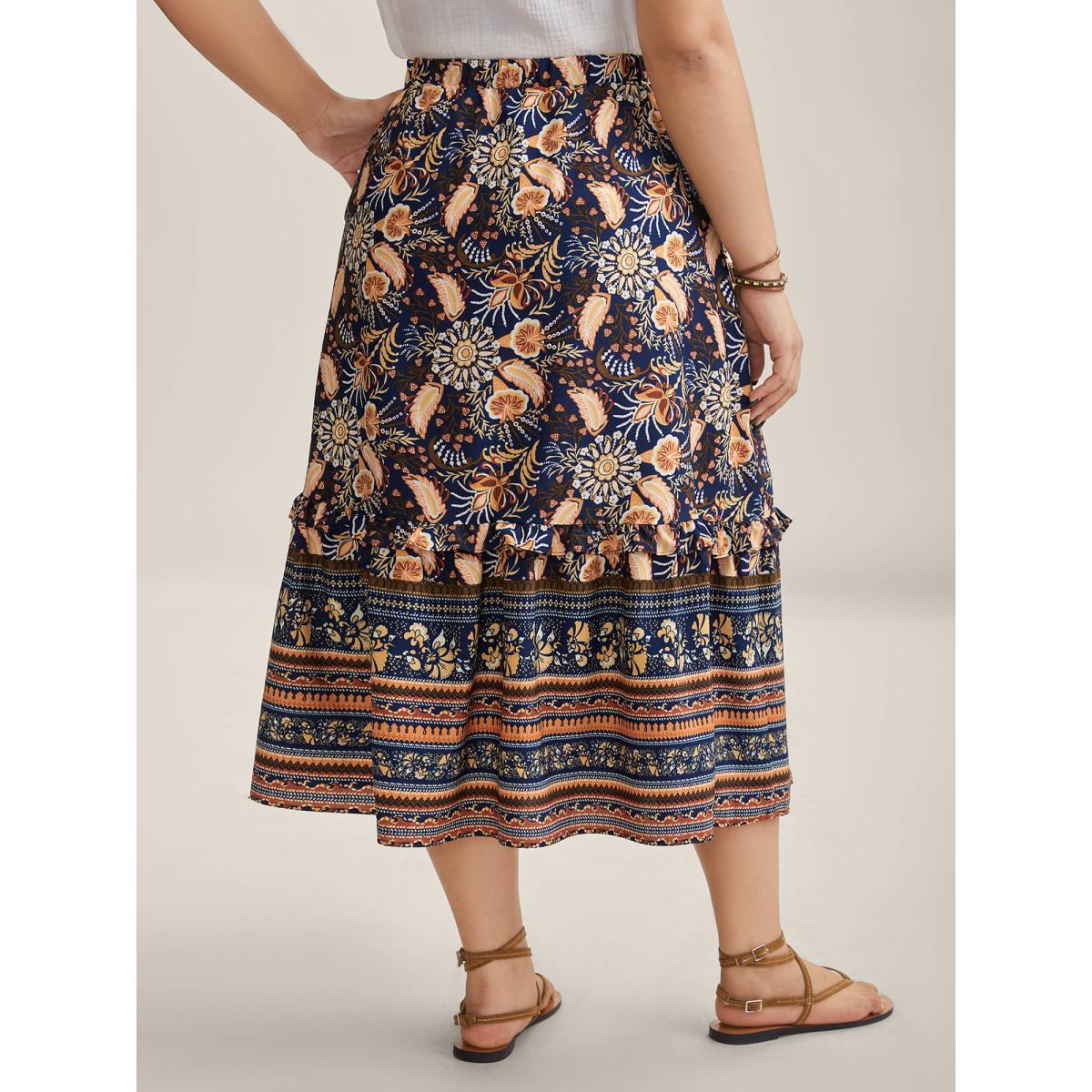 Plus Size Boho Print Tiered A-Line Maxi Skirt Women DarkBlue Loose No stretch Side seam pocket Vacation Skirts BloomChic 18-20/2X Product Image